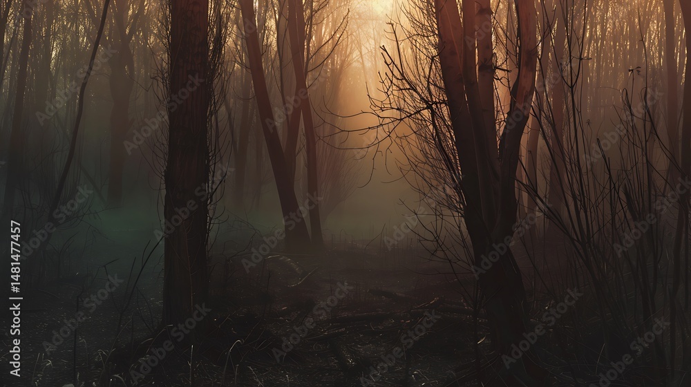 Poster sunlit forest trees with golden light and mist creating mysterious atmosphere