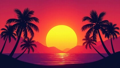 Obraz premium Vibrant sunset hues cast a warm glow on silhouetted palm trees , tropical, palm tree silhouette, scene