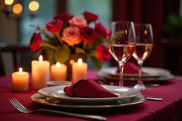 Romantic table setting for a date night dinner Candles, flowers, wine glasses, silverware, plates , petals, celebration, plates