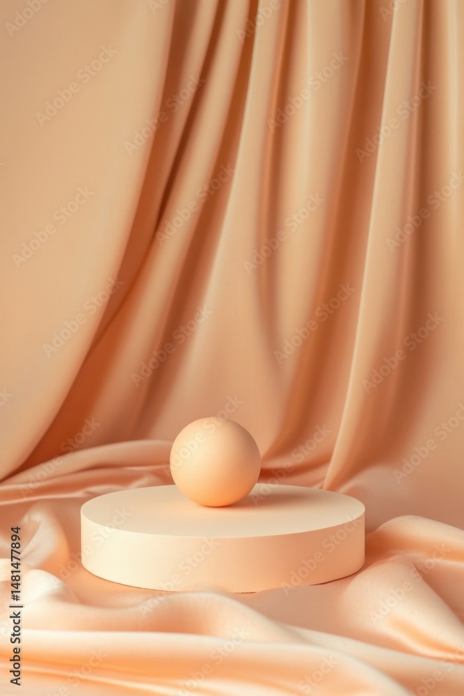 Poster elegant peach sphere on round podium with flowing silk drape backdrop, studio shot for product displ