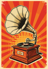Adobe Illustrator Artwork Retro aesthetic poster illustration of a vintage gramophone with a record playing. Classic music and old-fashioned technology design with a textured background