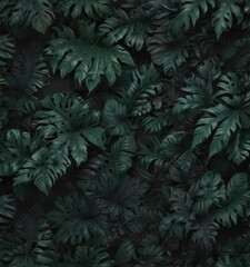 Intricate dark green & black tropical leaf pattern, abstract swirls , deep green, texture