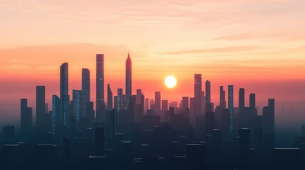 Fototapeta premium Futuristic city skyline at sunset urban landscape digital art dynamic environment aerial view conceptual vision