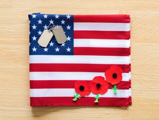 Obraz premium American flag with dog tags and remembrance poppies on wooden background displaying memorial day