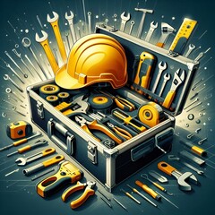 "High-resolution image of a comprehensive toolbox kit containing a wide array of construction and repair tools. Includes wrenches, screwdrivers, pliers, hammers, tape measure, electric drill, flashlig