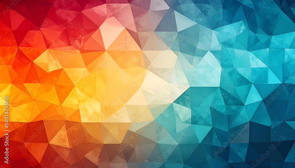 Poster a vibrant geometric pattern featuring a gradient of warm reds and cool blues, creating a dynamic vis