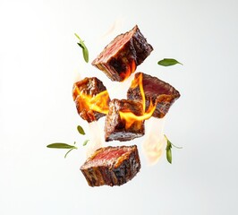 Grilled beef cubes, sizzling and flying