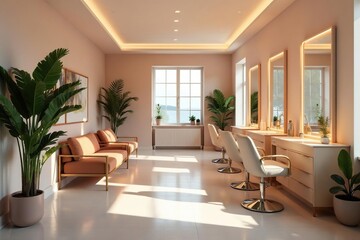 Stylish minimalist aesthetic salon interior, sleek furniture, soft lighting , calm, beauty