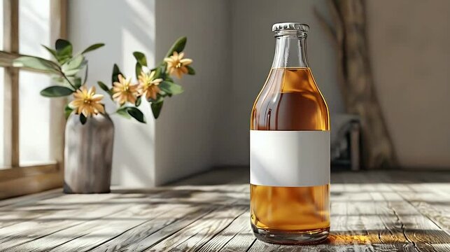 Orange beverage bottle mockup with blank label in natural light.