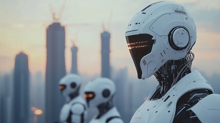 Futuristic construction crew of robots metropolis digital art urban environment close-up innovation