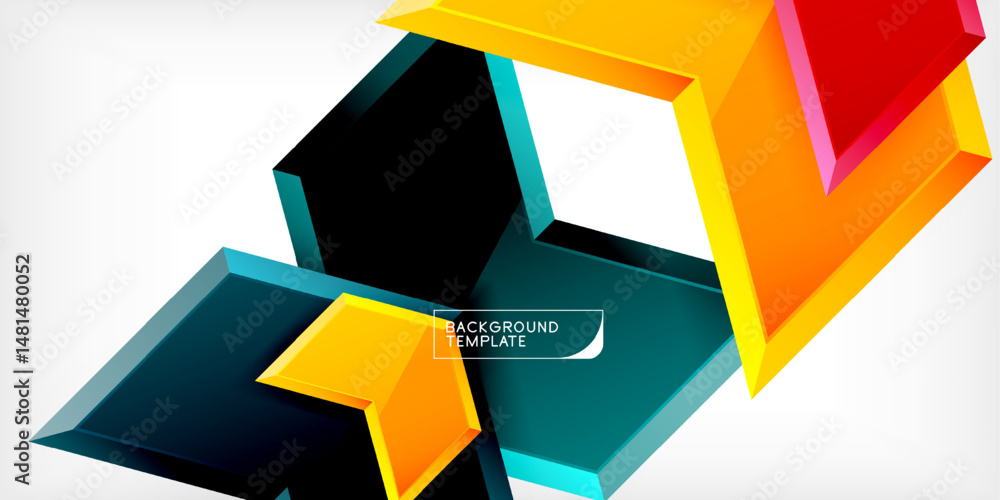 Poster Abstract geometric shapes overlap, creating dynamic composition. Bright colorsyellow, red, tealdominate design. Modern, clean aesthetic.