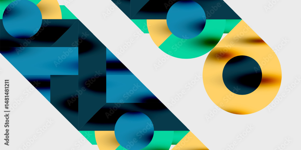 Poster Abstract geometric composition. Overlapping shapes, vibrant colors, diagonal lines create dynamic visual effect. Modern design elements present.