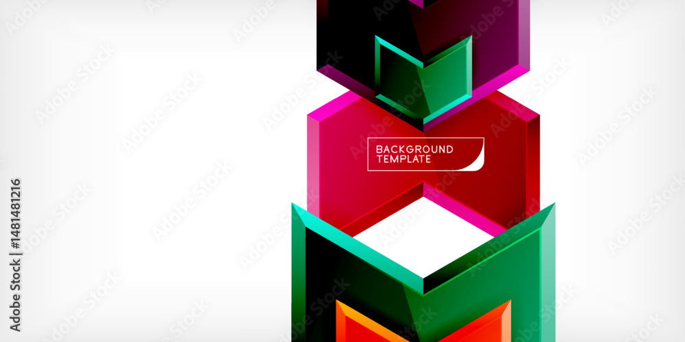 Poster Abstract geometric design. Layers create depth, vibrant colors contrast against dark background. Text reads background template. Modern visual element.