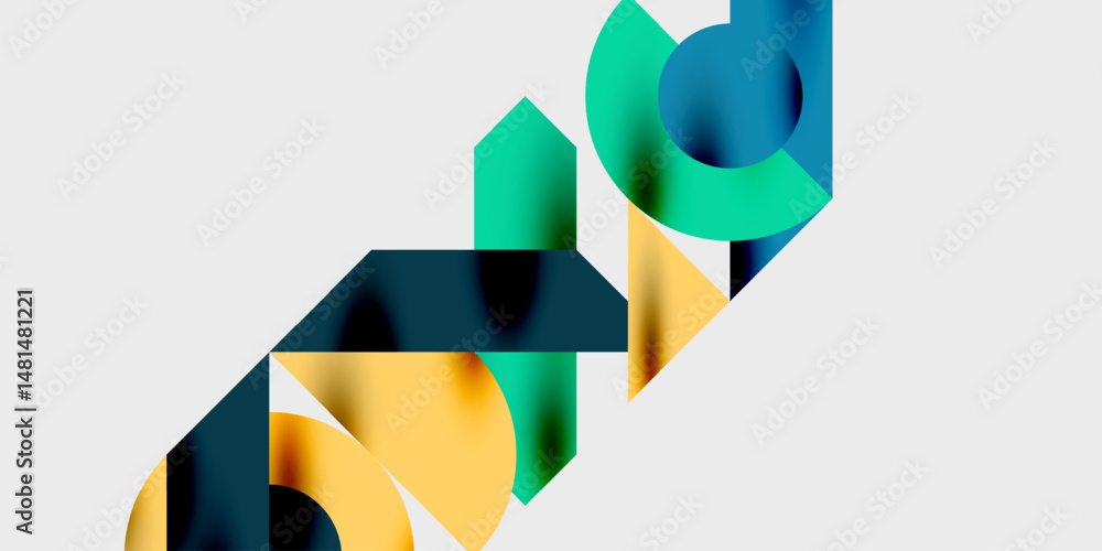 Poster abstract geometric shapes overlap, creating dynamic composition. colors blendteal, gold, navyagainst