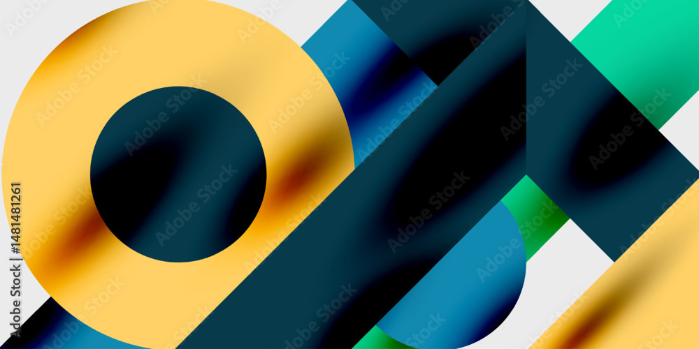 Leinwandbilder Abstract composition featuring overlapping geometric shapes. Yellow circle contrasts with blue, teal gradients. Modern design, dynamic visual elements.