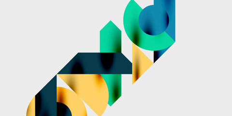 Abstract geometric shapes overlap, creating dynamic composition. Colors blendteal, gold, navyagainst white background. Modern design.