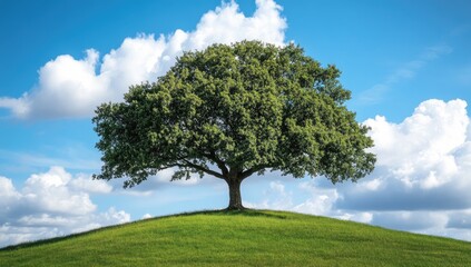 Fototapeta premium Majestic tree atop a grassy hill under a vibrant sky