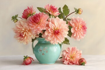 Delicate Bouquet Peach Dahlias Teal