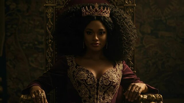 Elegant queen sits on her throne, wearing a crown and regal dress.