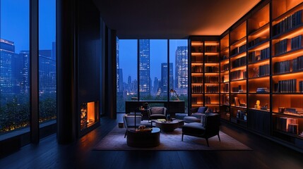 Luxurious modern library interior with city views at night time