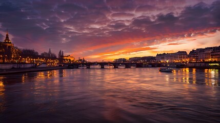 Naklejka premium Sunset over Parisian Cityscape with Reflection on Seine River in Dramatic Twilight