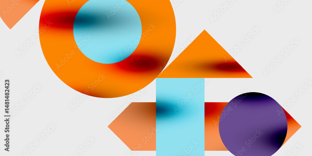 Poster abstract shapes overlap, creating vibrant color gradients. orange, blue, purple hues dominate compos