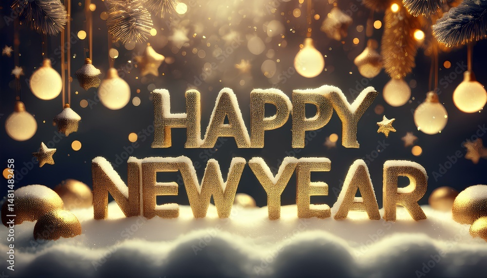 Poster happy new year background on the snow with bokeh light background.
