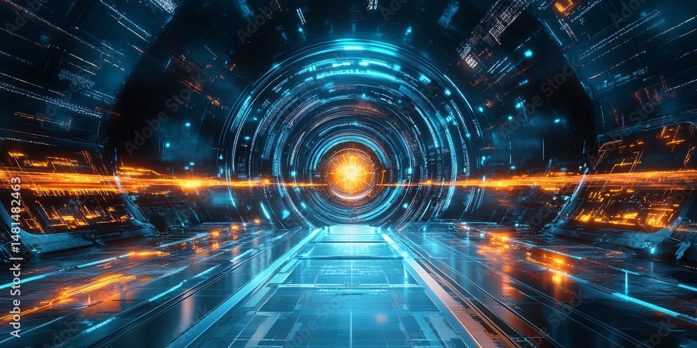 Leinwandbilder A futuristic particle accelerator with bioluminescent energy beams and holographic particle trajectories.