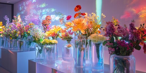 An innovative flower shop showcasing transparent vases and holographic flower arrangements.