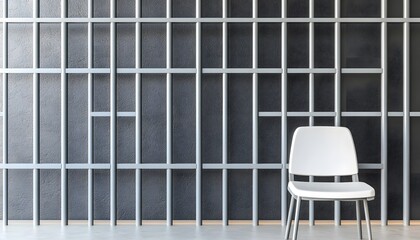 A solitary white chair against a dark metal grid wall.