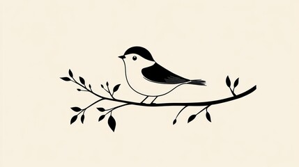 Fototapeta premium Cute bird on branch, simple line art, neutral background, decorative, for greeting cards or prints