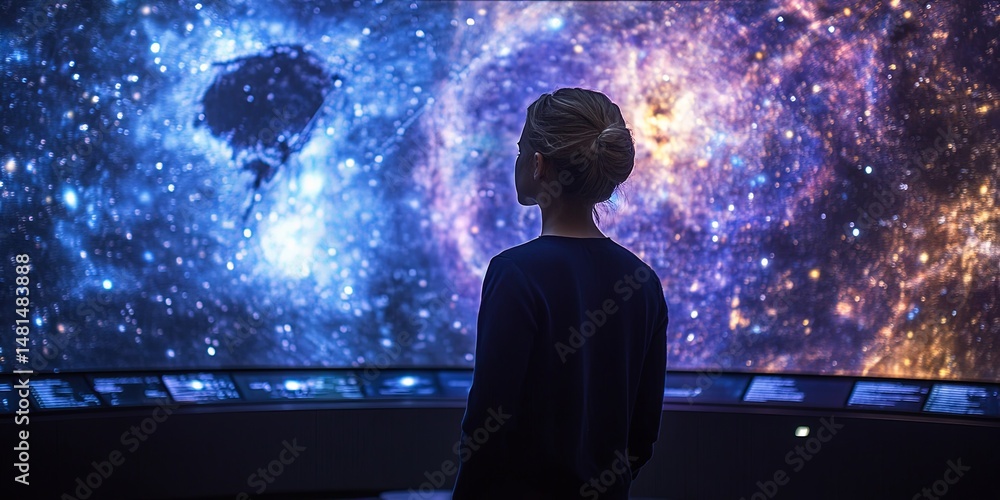 Poster an innovative astronomy lab featuring interactive digital star maps and glowing space models.