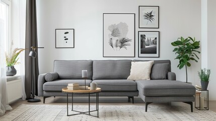Modern gray sectional couch in a bright living room