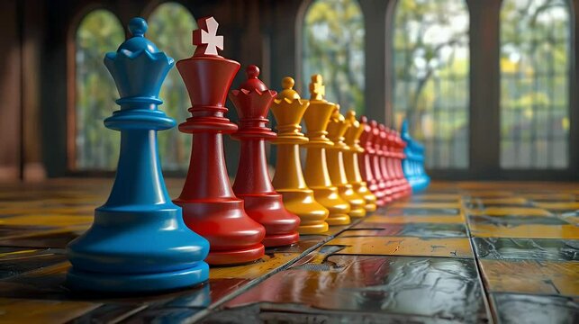 Chess figures positioned on a chess board.
