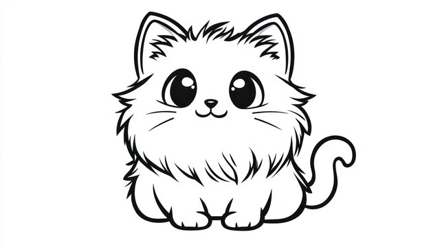 Cute cartoon cat coloring page, happy expression, simple line art