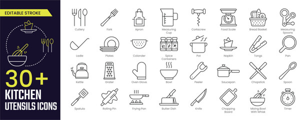 Kitchen Stroke icon collections. Containing Cutlery, Fork, Apron, Measuring Cup, Pot, Plates, Bowl, Knife, Timer, and Kettle icons. Editable Stroke icon collection Outline icon