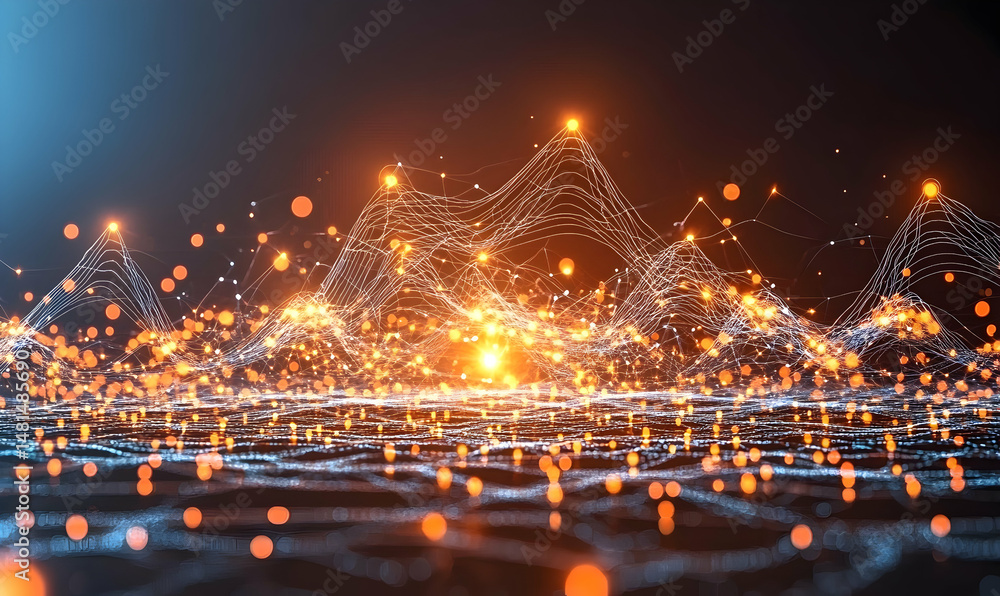 Poster abstract digital landscape with glowing particles and interconnected lines, representing data flow o