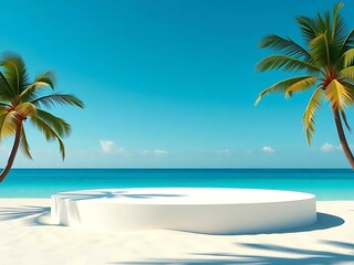 Obraz premium Minimalist round podium on sunny tropical beach, blue sky, palm shadows, pastel tones, summer vibe