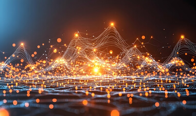Abstract digital landscape with glowing particles and interconnected lines, representing data flow or network connections. Ideal for tech, AI, and futuristic concepts.