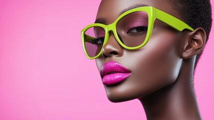 Fototapeta premium A beautiful woman wearing sunglasses with striking makeup is shown