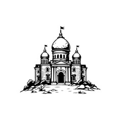 Monochromatic depiction of an imposing domed structure with flags atop spires