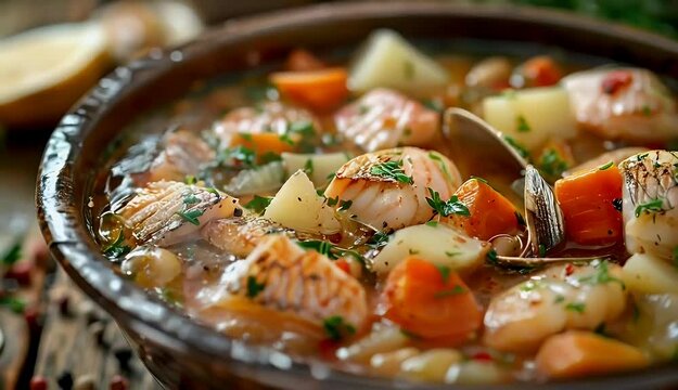 Seafood chowder simmering in a pot with fish, clams, and vegetables.