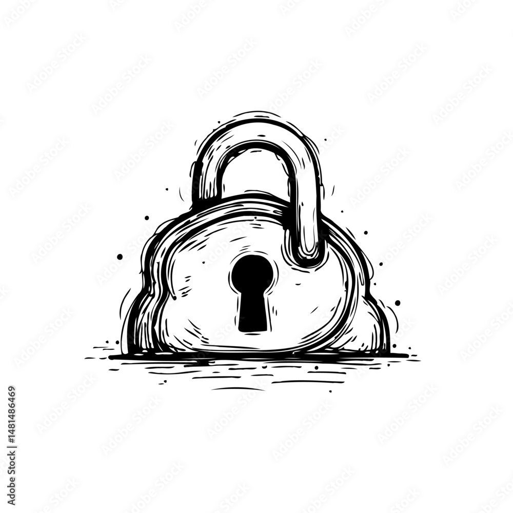 Poster stylized secure lock depiction with textured surface and hand drawn style