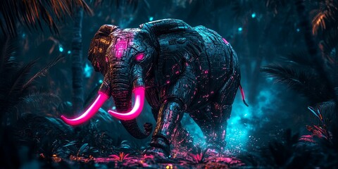 A futuristic elephant with metallic skin and glowing tusks, walking in a neon jungle.