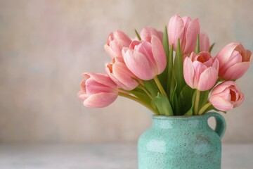 Delicate pink tulips in a teal vase against a soft background.