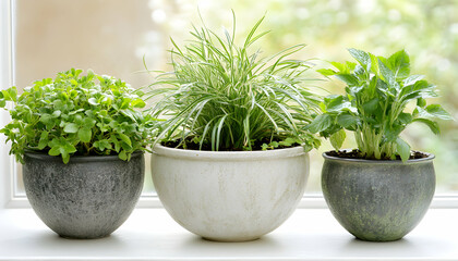 Three potted plants, oregano, mondo grass, and mint, sit on a windowsill, bathed in soft natural light.  A tranquil and refreshing image.