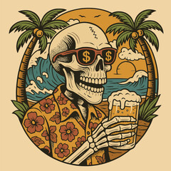Relaxing Skeleton on Vacation Drinking Beer at Tropical Beach © muhammad