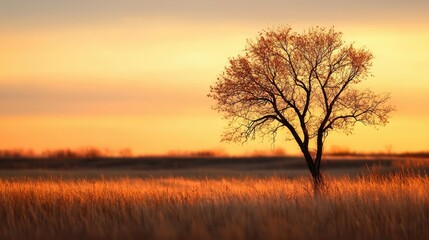Obraz premium A lone tree stands in a field during a golden sunset