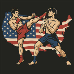 Two Men Practicing Kickboxing with an American Flag Backdrop