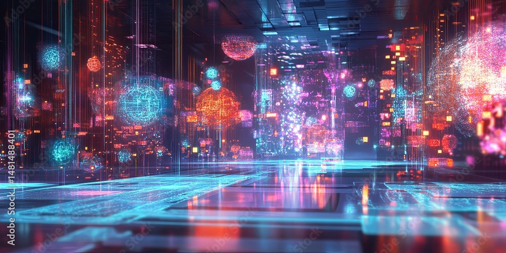 Aufkleber An avant-garde AI lab featuring shifting holographic neural networks and glowing algorithm displays.